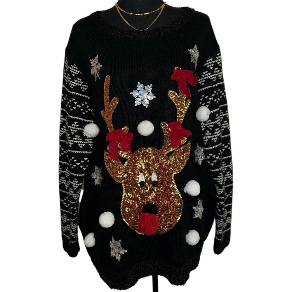 Holiday Time Reindeer Christmas Ugly Sweater With Pom Poms Size 2x
